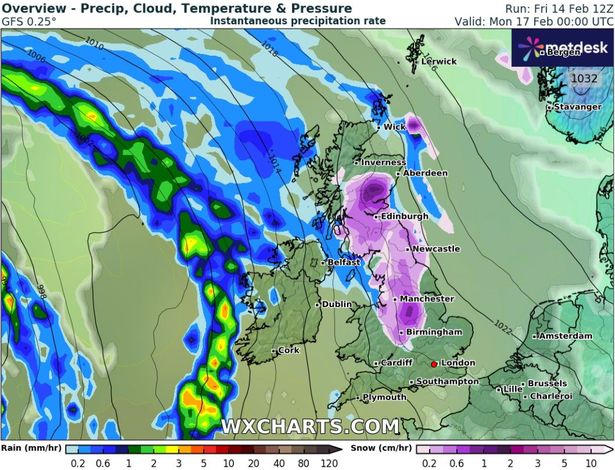 气象地图显示英国将面临66小时“不间断”降雪的确切日期